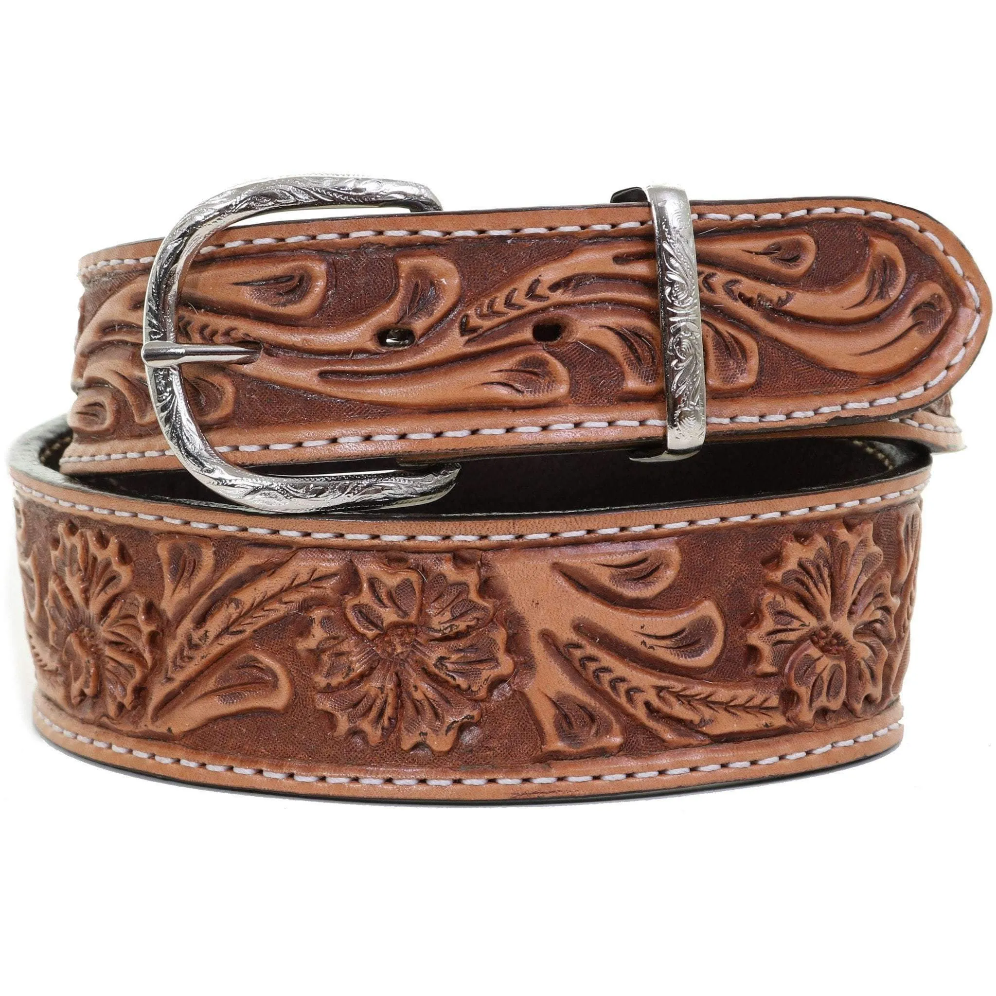 B1004 - FAST SHIP Natural Floral Tooled Belt