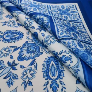 Blue Mosaic on White Printed Polyester Mikado Fabric