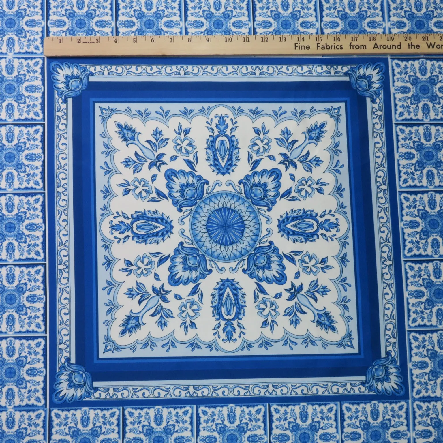 Blue Mosaic on White Printed Polyester Mikado Fabric