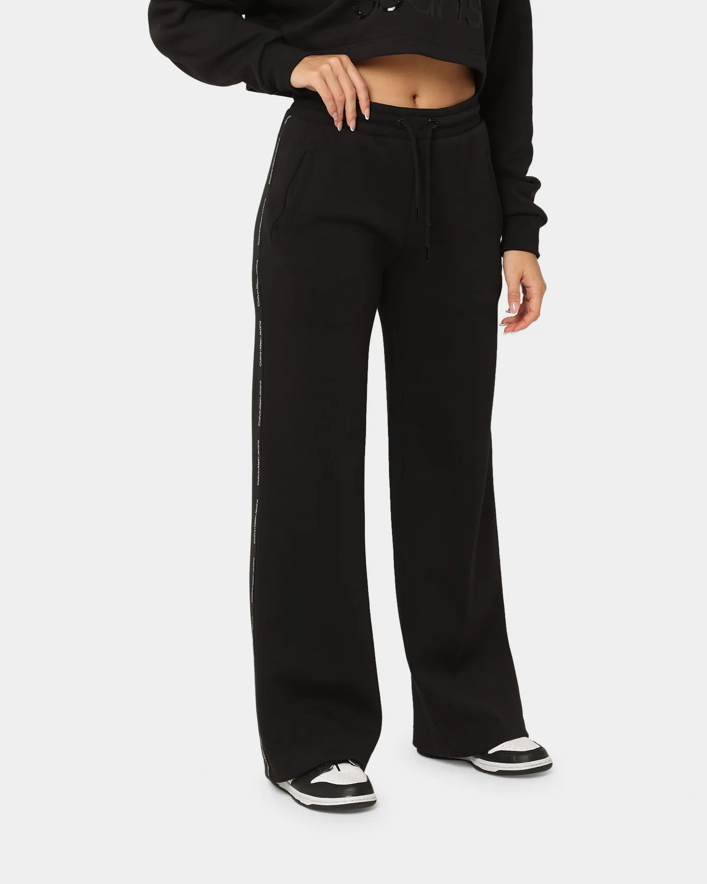 Calvin Klein Women's Logo Piping Wide Leg Pants Ck Black