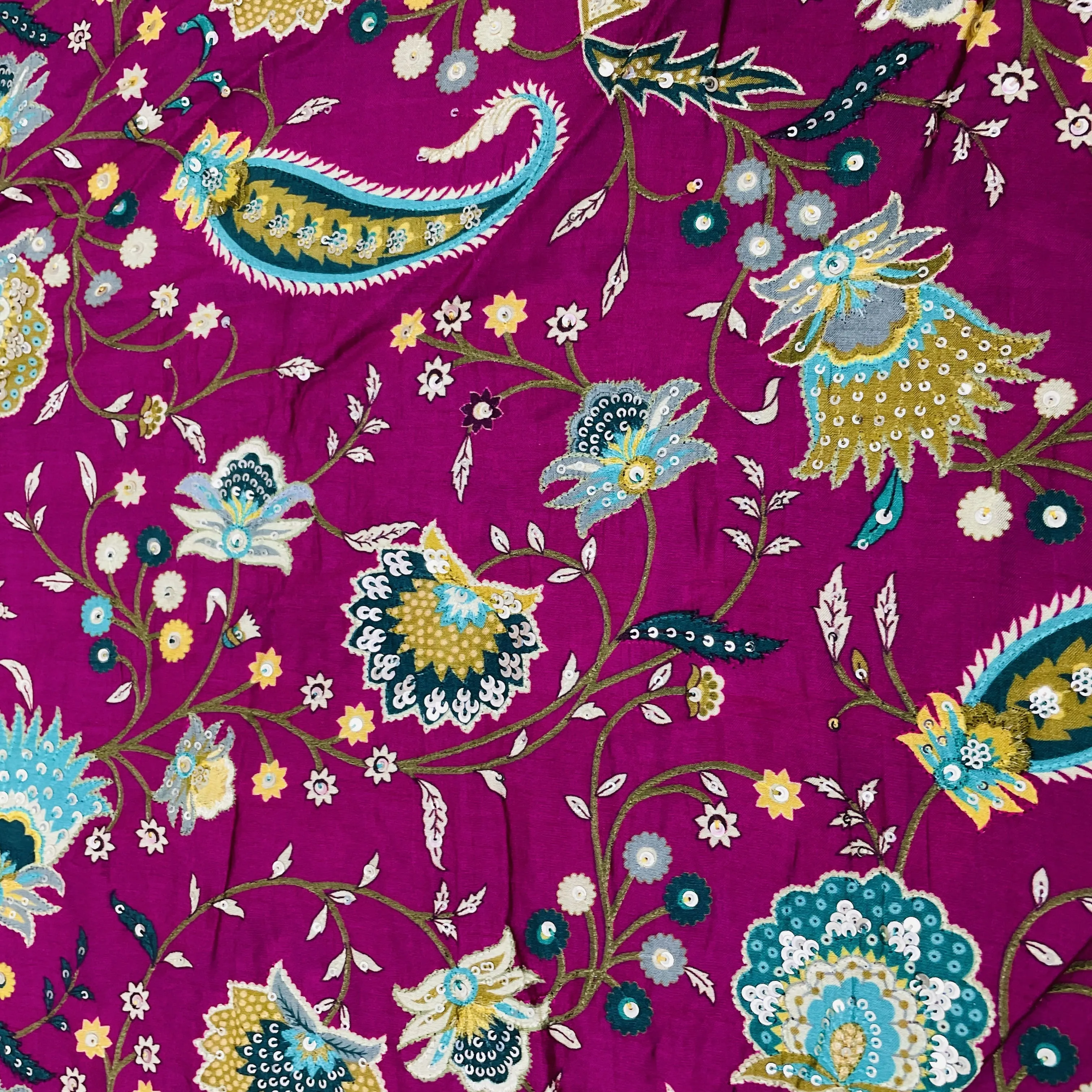 Classic Magenta Pink Multicolor Floral Sequins Embroidery Dola Silk Fabric