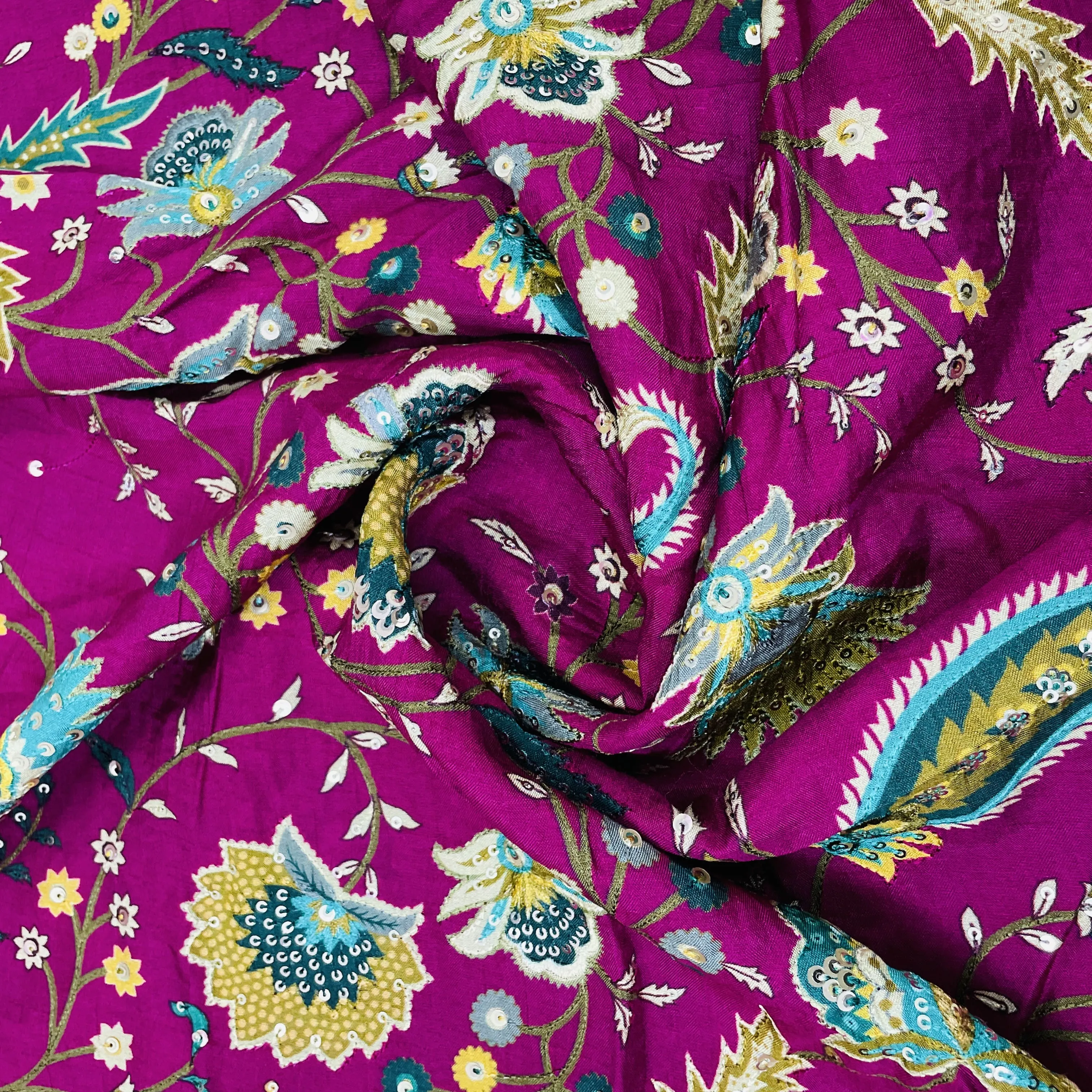 Classic Magenta Pink Multicolor Floral Sequins Embroidery Dola Silk Fabric