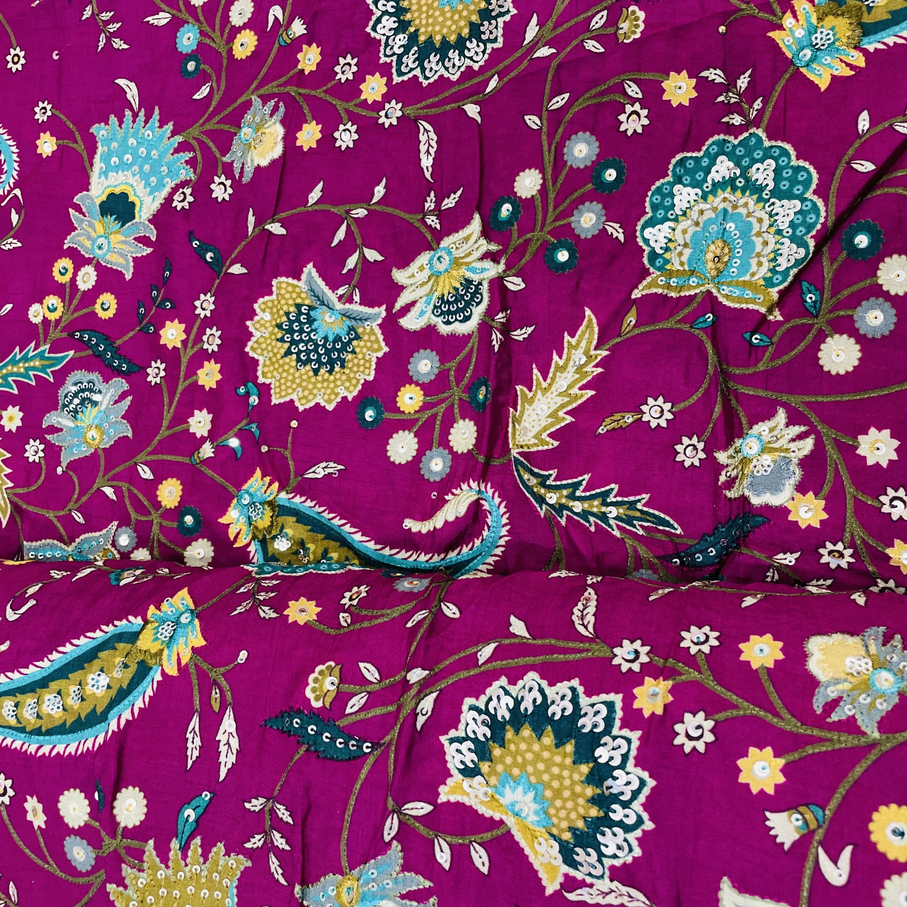 Classic Magenta Pink Multicolor Floral Sequins Embroidery Dola Silk Fabric