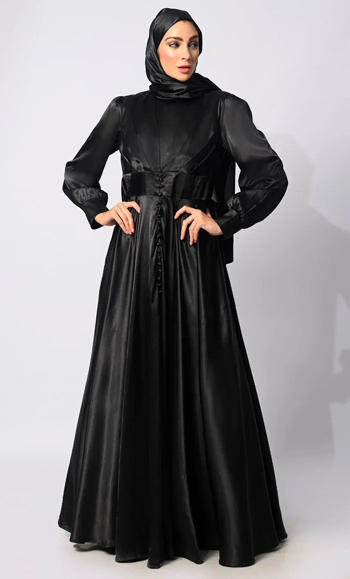 Contemporary Couture: Black Satin Flared Abaya with front Pleating and show Buttons