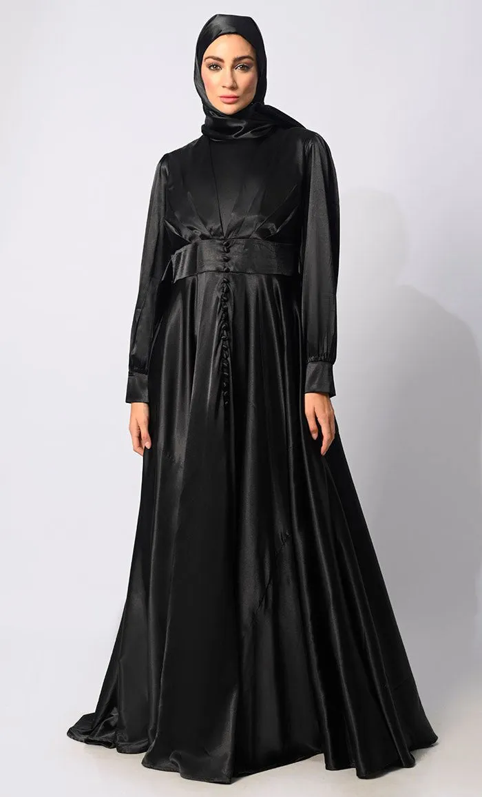 Contemporary Couture: Black Satin Flared Abaya with front Pleating and show Buttons