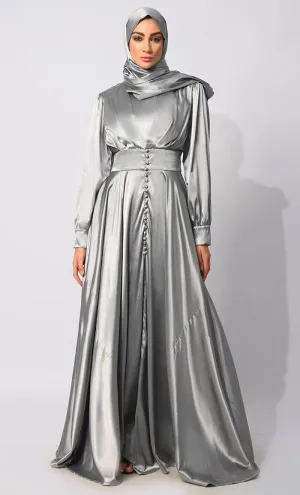 Contemporary Couture: Grey Satin Flared Abaya with front Pleating and show Buttons - Final Sale