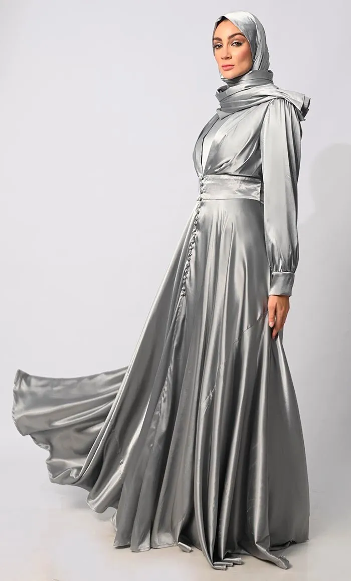 Contemporary Couture: Grey Satin Flared Abaya with front Pleating and show Buttons - Final Sale