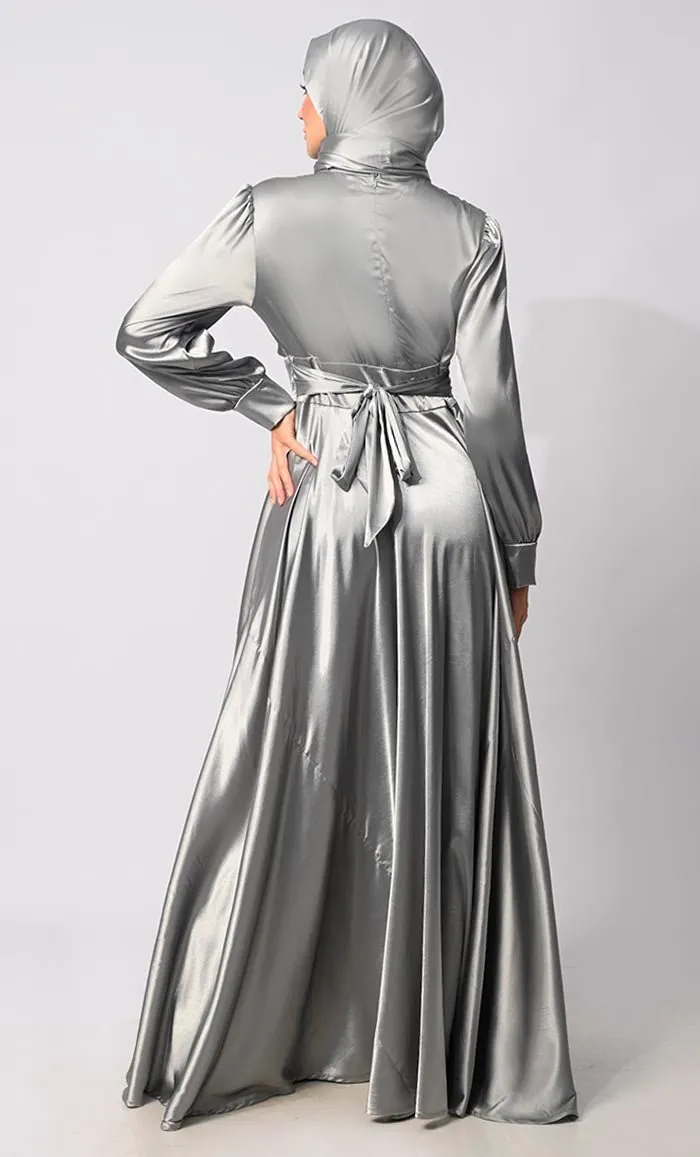 Contemporary Couture: Grey Satin Flared Abaya with front Pleating and show Buttons - Final Sale