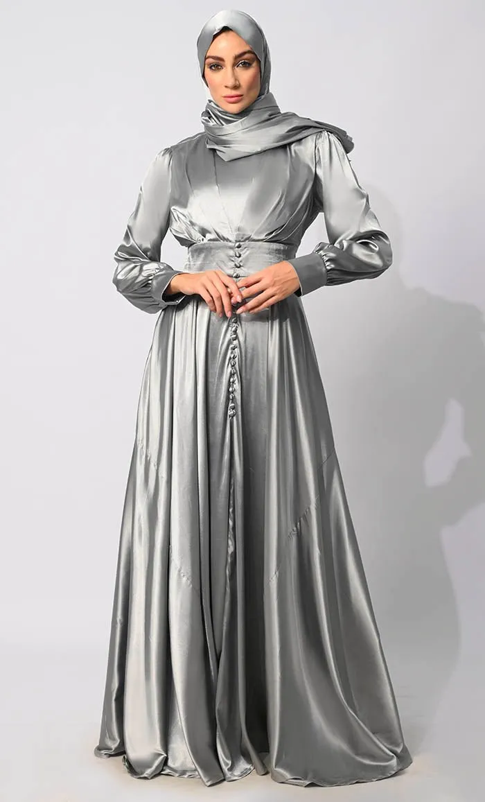 Contemporary Couture: Grey Satin Flared Abaya with front Pleating and show Buttons - Final Sale