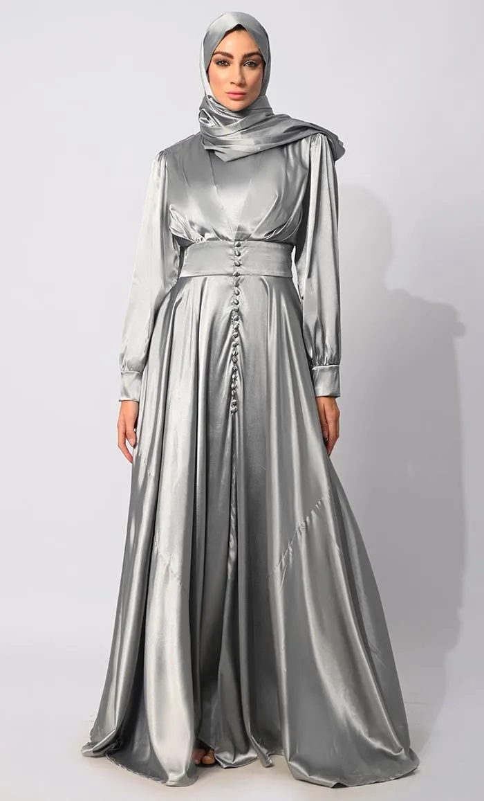 Contemporary Couture: Grey Satin Flared Abaya with front Pleating and show Buttons