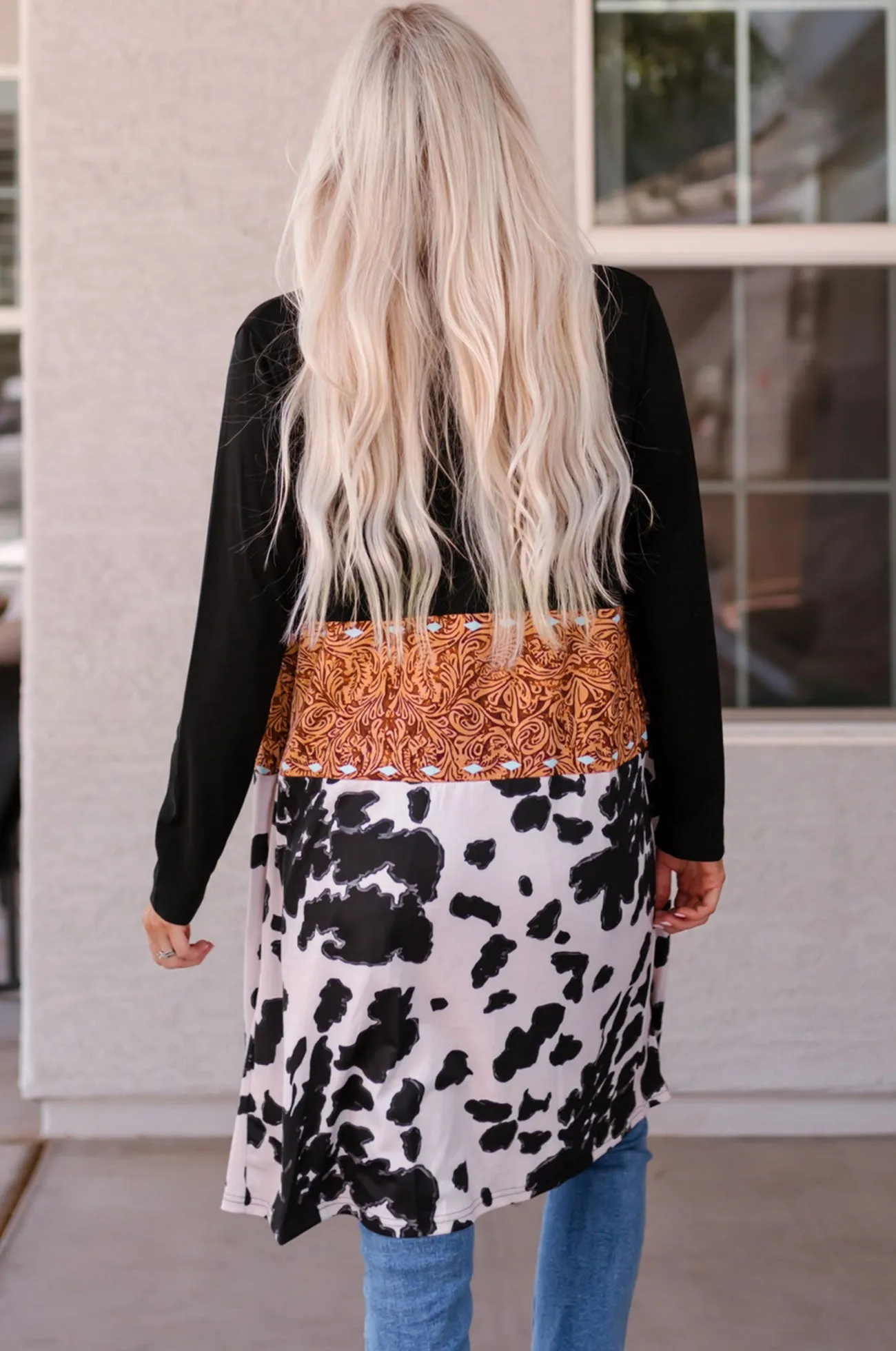 Cow Print Patchwork Open Front Cardigan