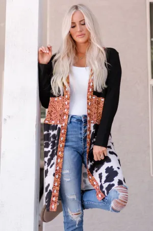 Cow Print Patchwork Open Front Cardigan