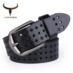 COWATHER 2017 new Women Cow Genuine leather belts hollow Korea fashion for women female pin buckle belt NQSK002 length 100-125CM