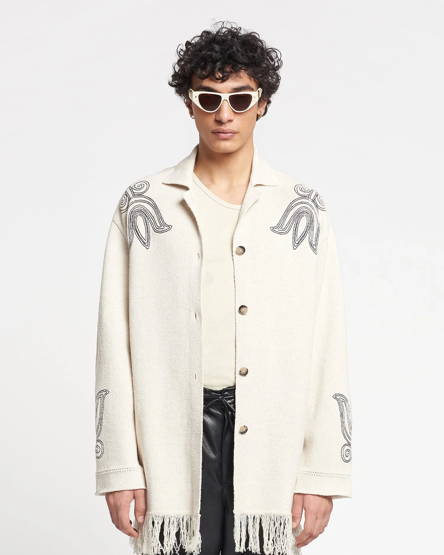 Dillian - Embroidered Textured-Linen Cardigan - Natural/Black