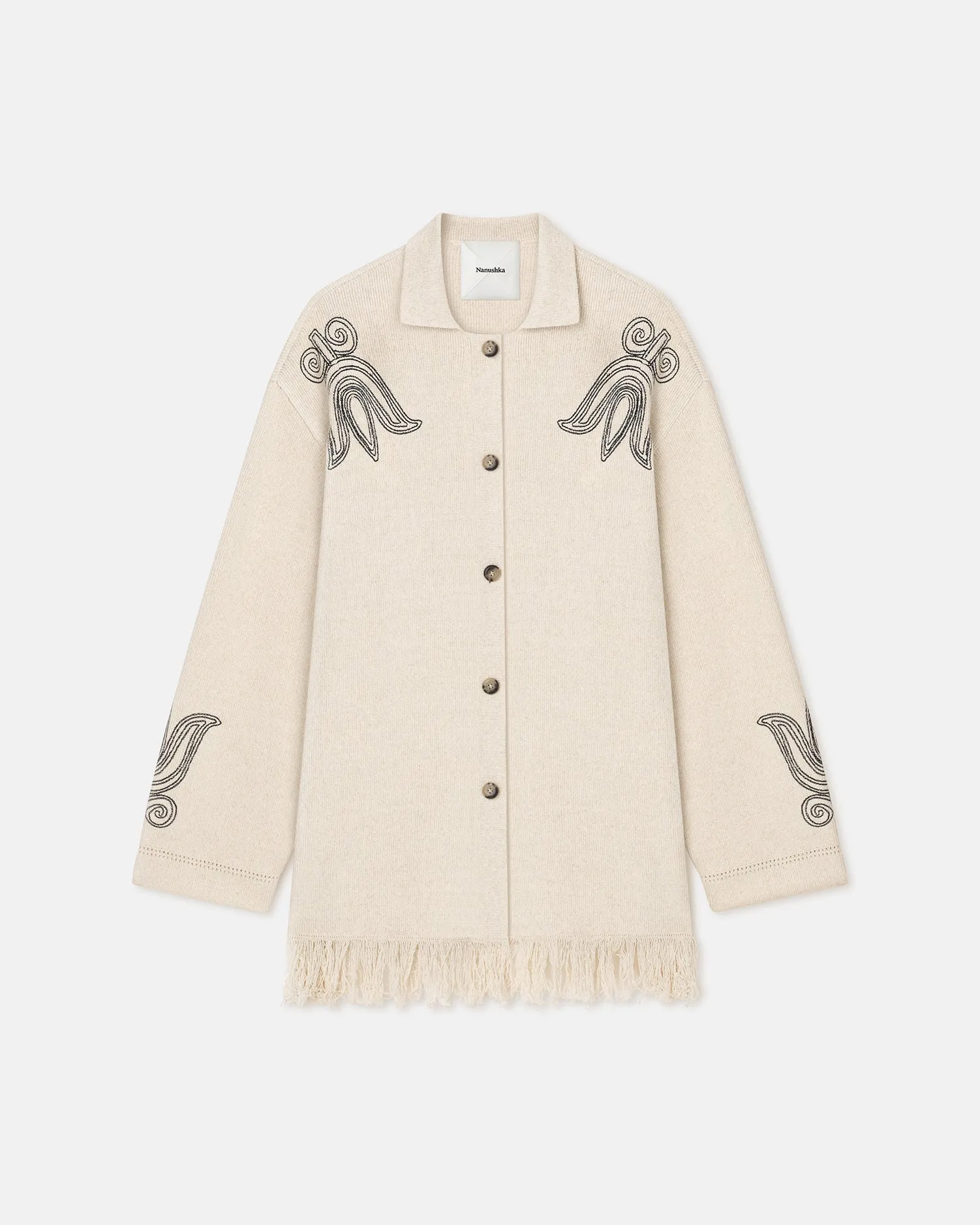 Dillian - Embroidered Textured-Linen Cardigan - Natural/Black