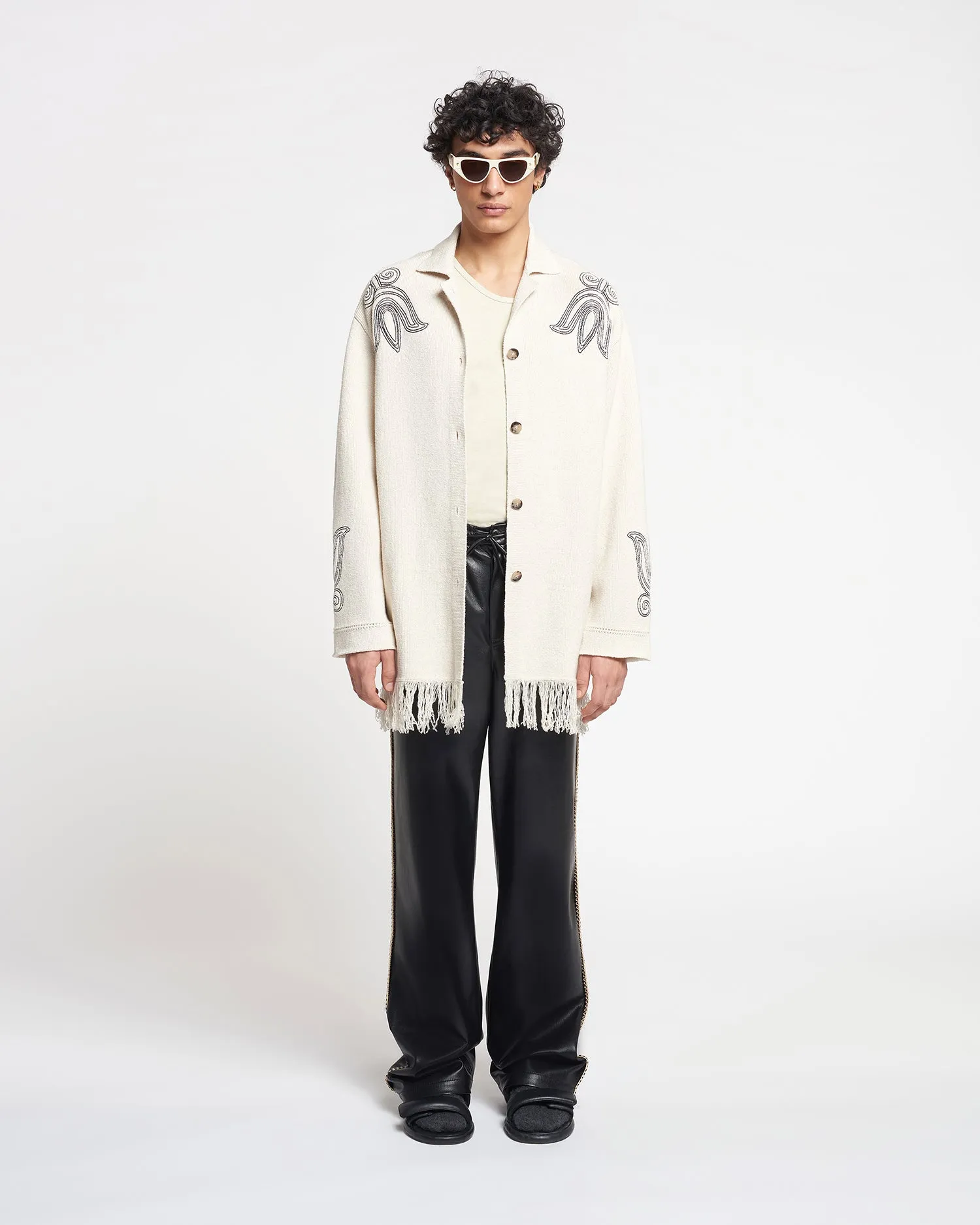 Dillian - Embroidered Textured-Linen Cardigan - Natural/Black