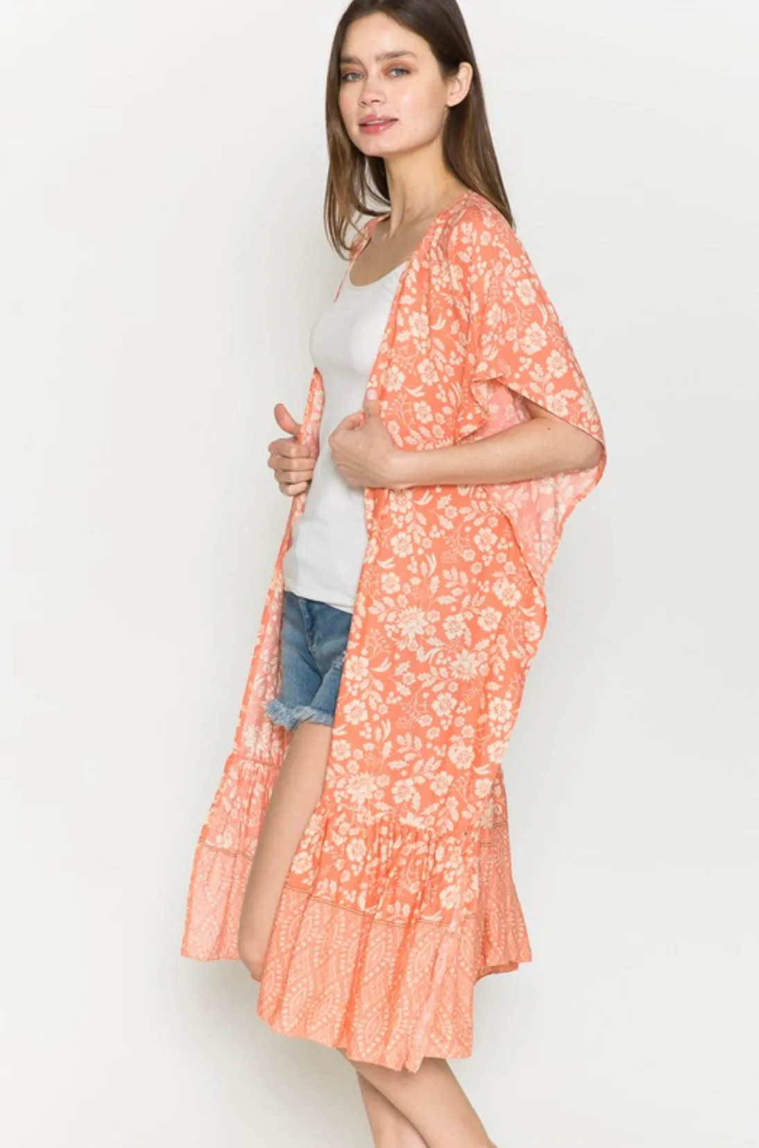 Easy Like Sunday Morning Paisley Peach Ruffle Hem Kimono Cardigan