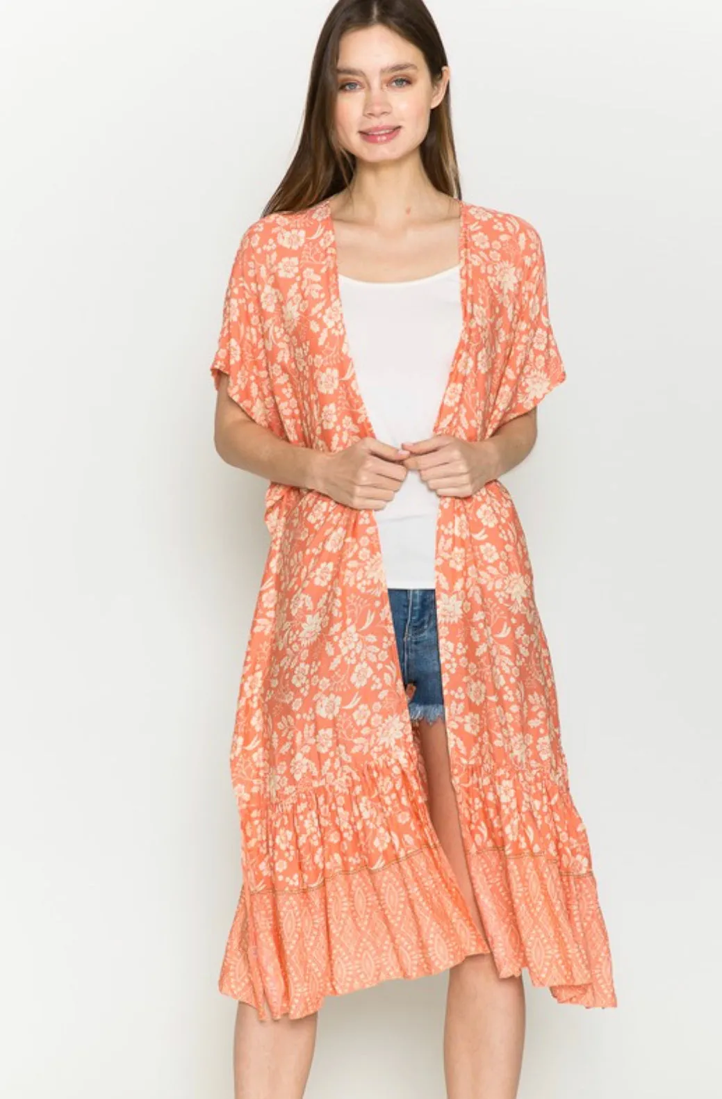 Easy Like Sunday Morning Paisley Peach Ruffle Hem Kimono Cardigan