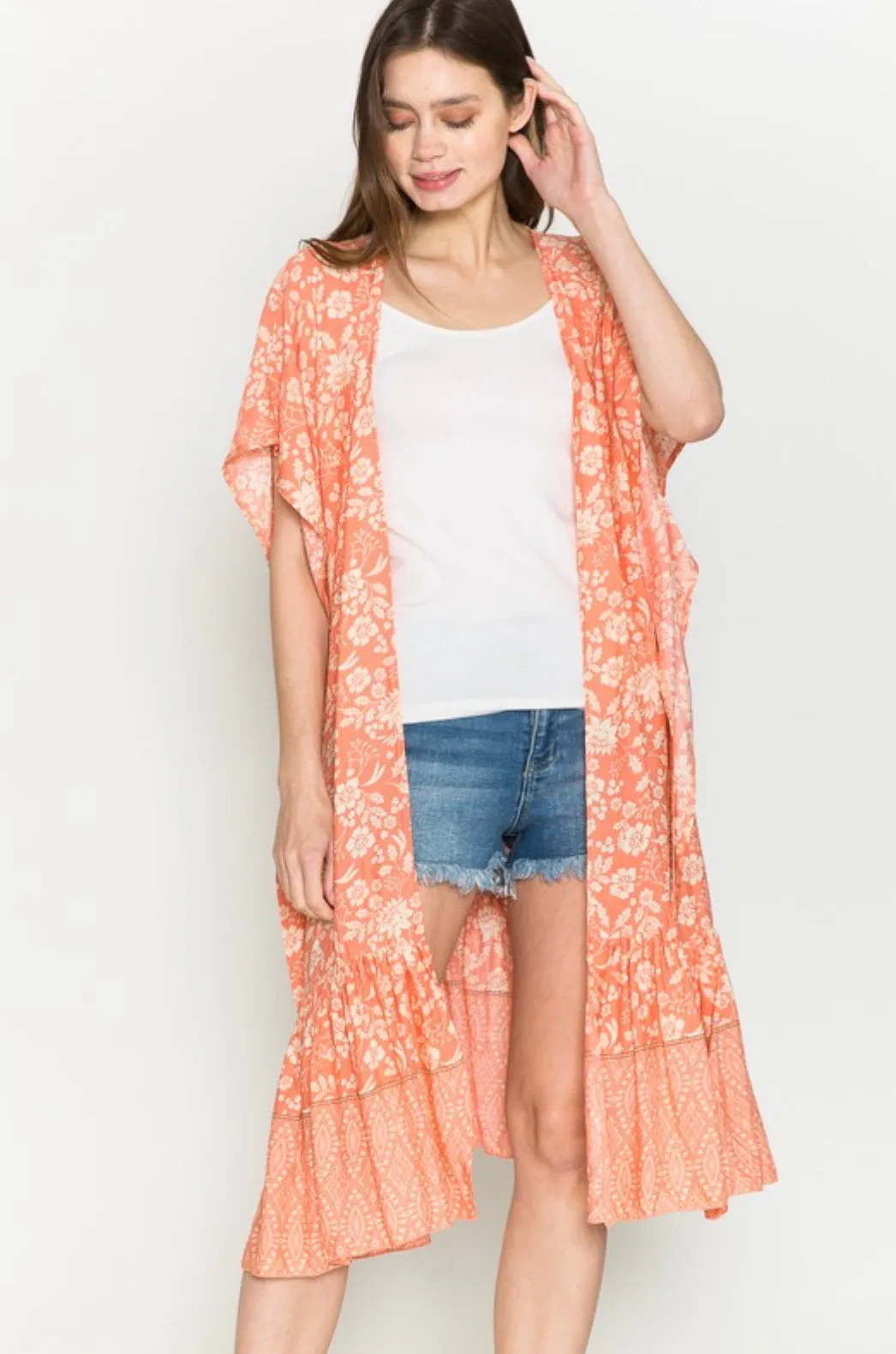 Easy Like Sunday Morning Paisley Peach Ruffle Hem Kimono Cardigan