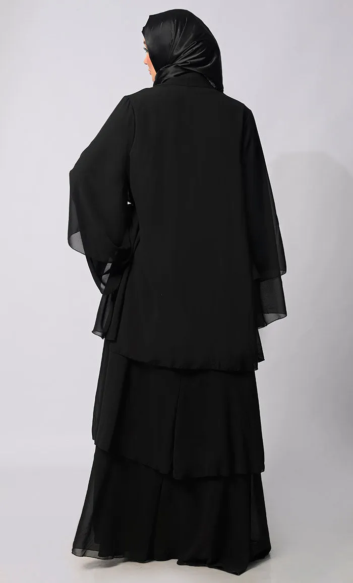 Elegance in Layers: Black Tiered Shrug with Satin Lining