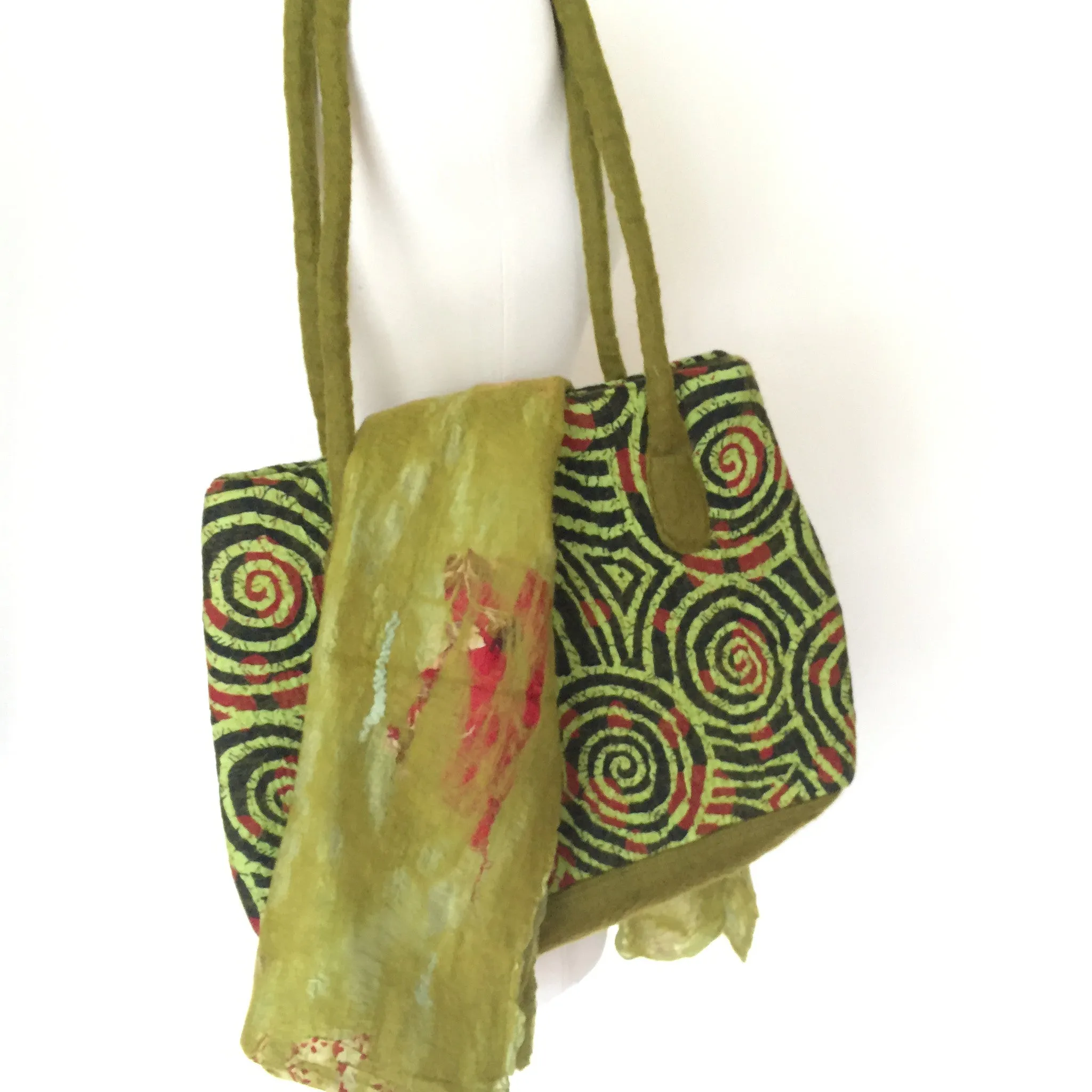 Felted Wool/Cotton Pop Art Tote Shoulder Bag - Chartreuse Swirls One-Of-A-Kind