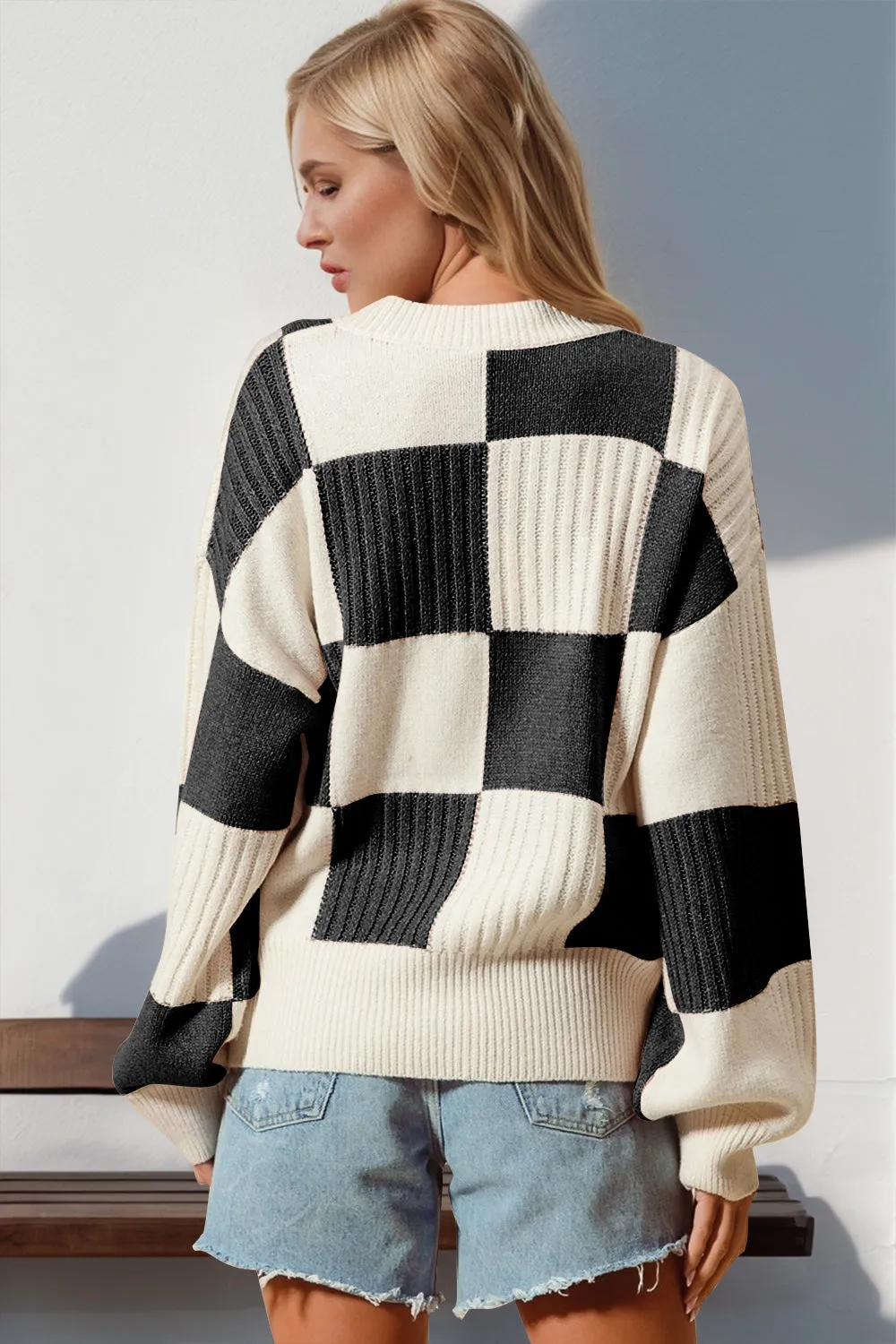 Full Size Checkered Dropped Shoulder Cardigan