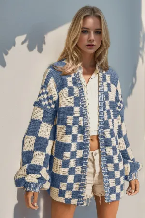 Full Size Open Front Checkered Drop Shoulder Cardigan