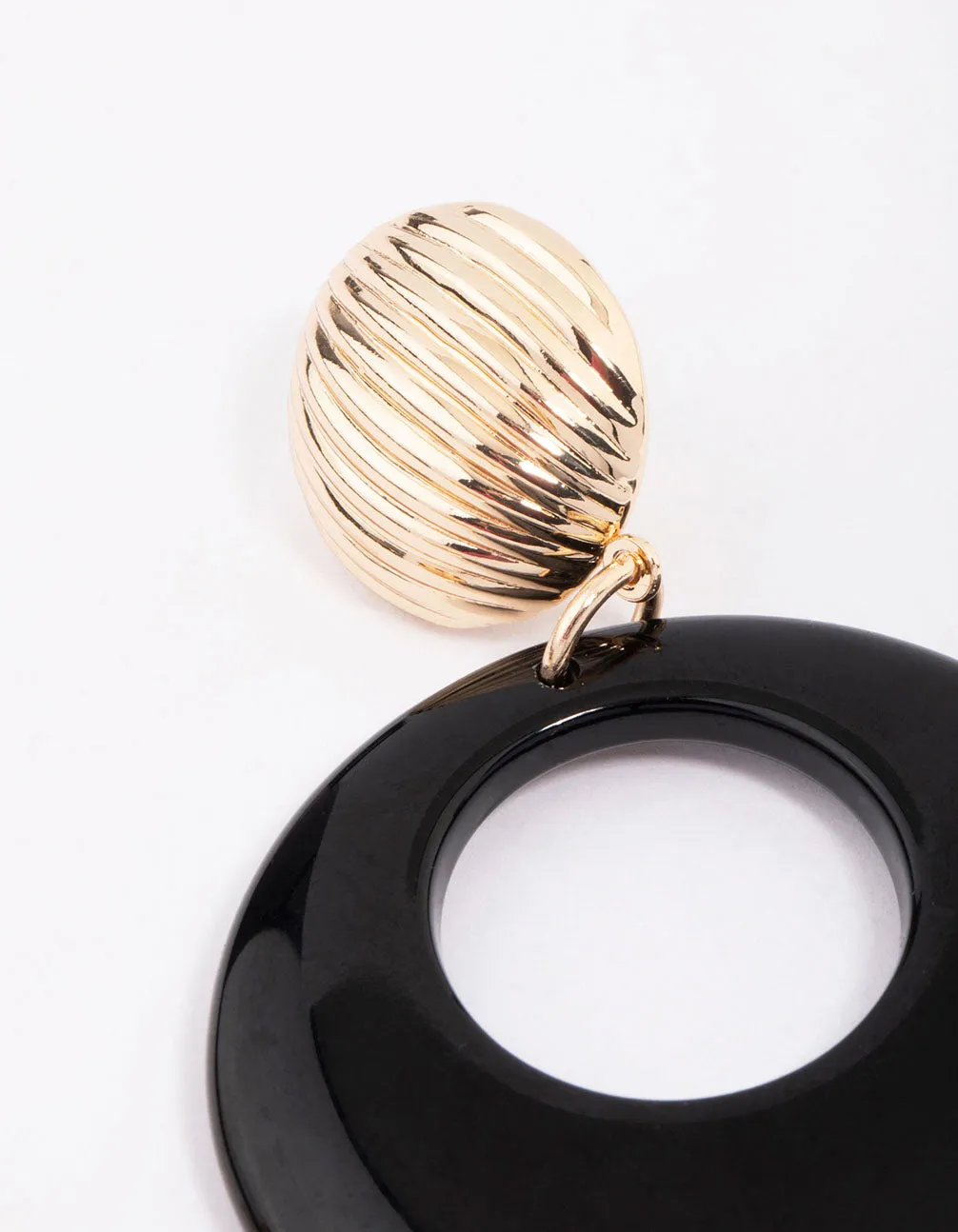 Gold & Black Ribbed Circular Drop Earrings