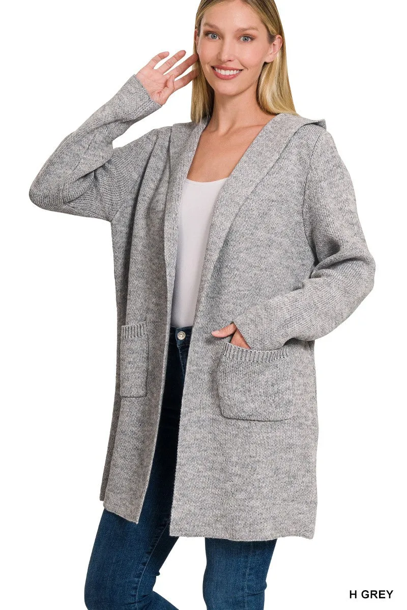 Hooded Open Front Sweater Cardigan Style 2199 in Beige or Heather Grey