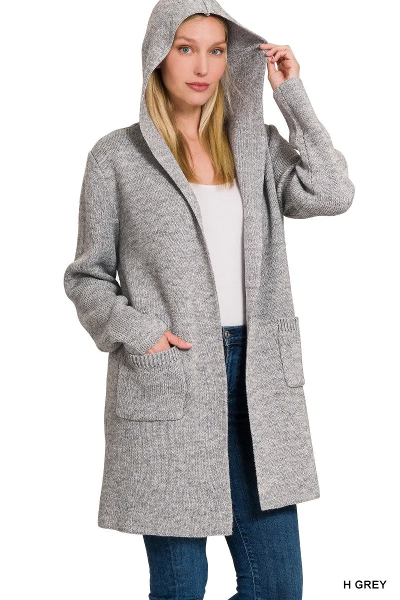 Hooded Open Front Sweater Cardigan Style 2199 in Beige or Heather Grey