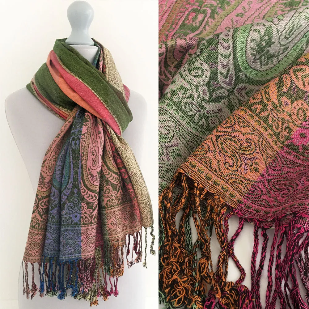 LARGE GREEN RAINBOW MULTI COLOUR PAISLEY PRINT PASHMINA SHAWL SCARF