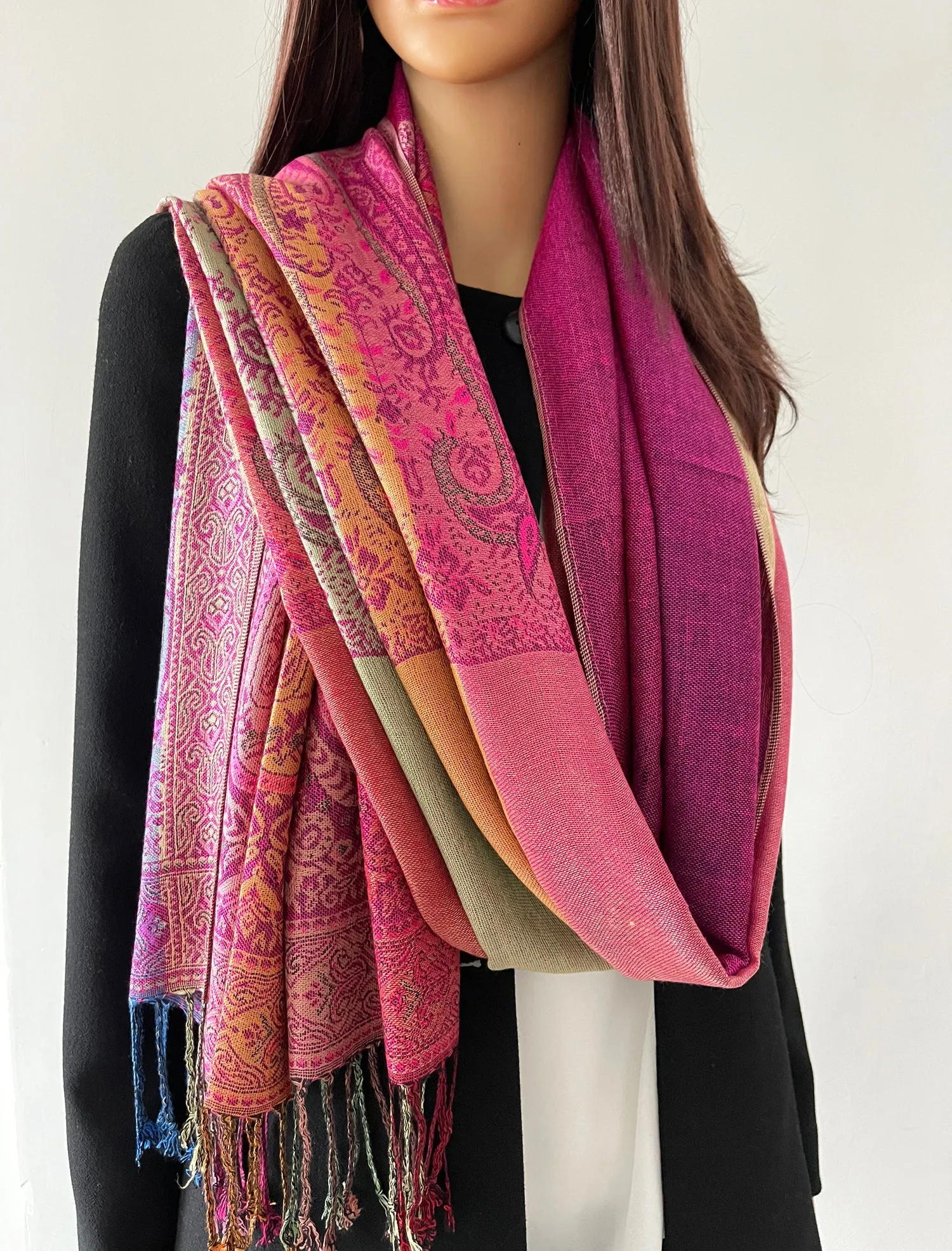 LARGE PINK RAINBOW MULTI COLOUR PAISLEY PRINT PASHMINA SHAWL SCARF