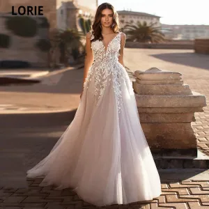 LORIE 2020 Graceful V Neck Beach Wedding Dresses Backless 3D Floral Appliqued Lace Bridal Gowns Tulle vestido de novia Plus size