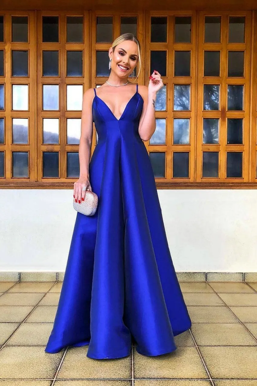 Low Back Royal Blue Satin Formal Dresses with Deep V-neckline