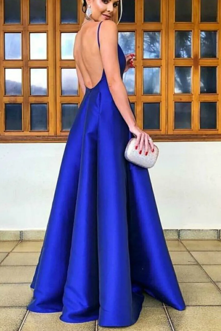 Low Back Royal Blue Satin Formal Dresses with Deep V-neckline