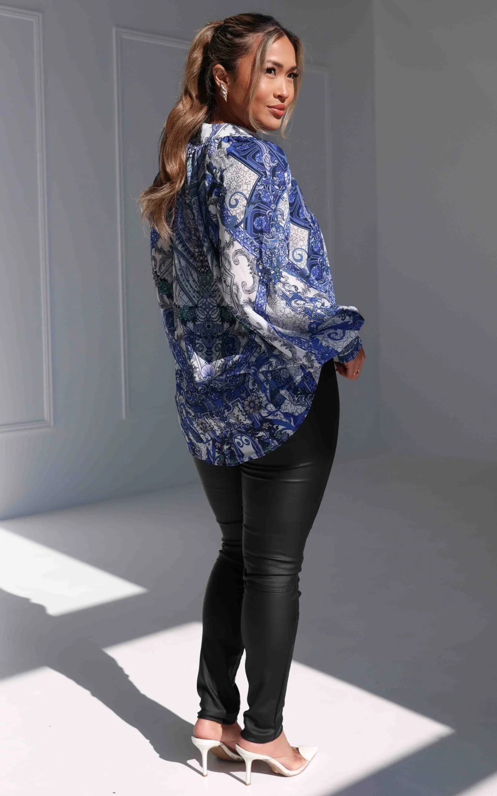 Maysa Gem Embellished Shirt Blouse - Blue White Floral