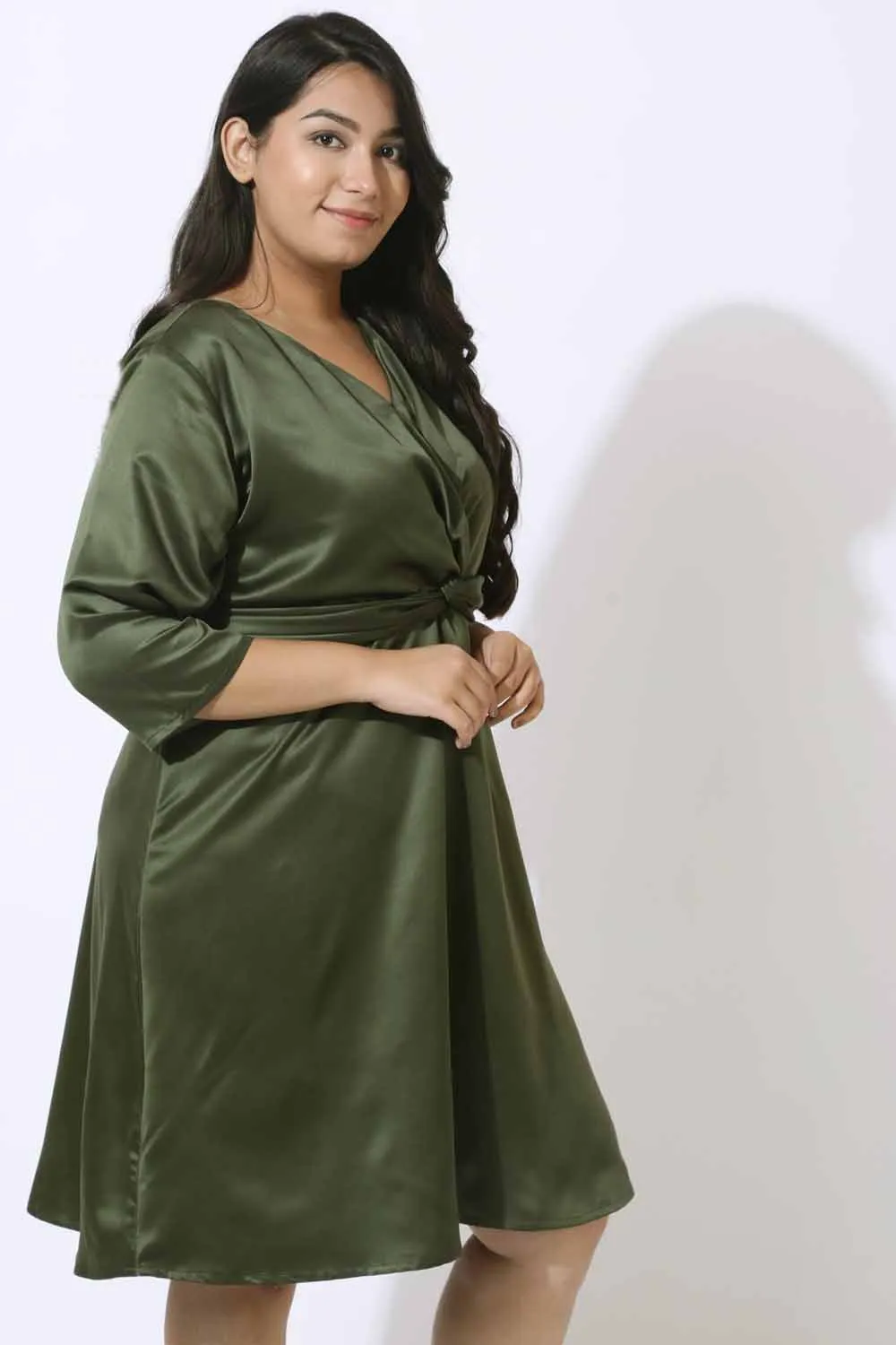 Plus Size Olive Satin Knot Dress