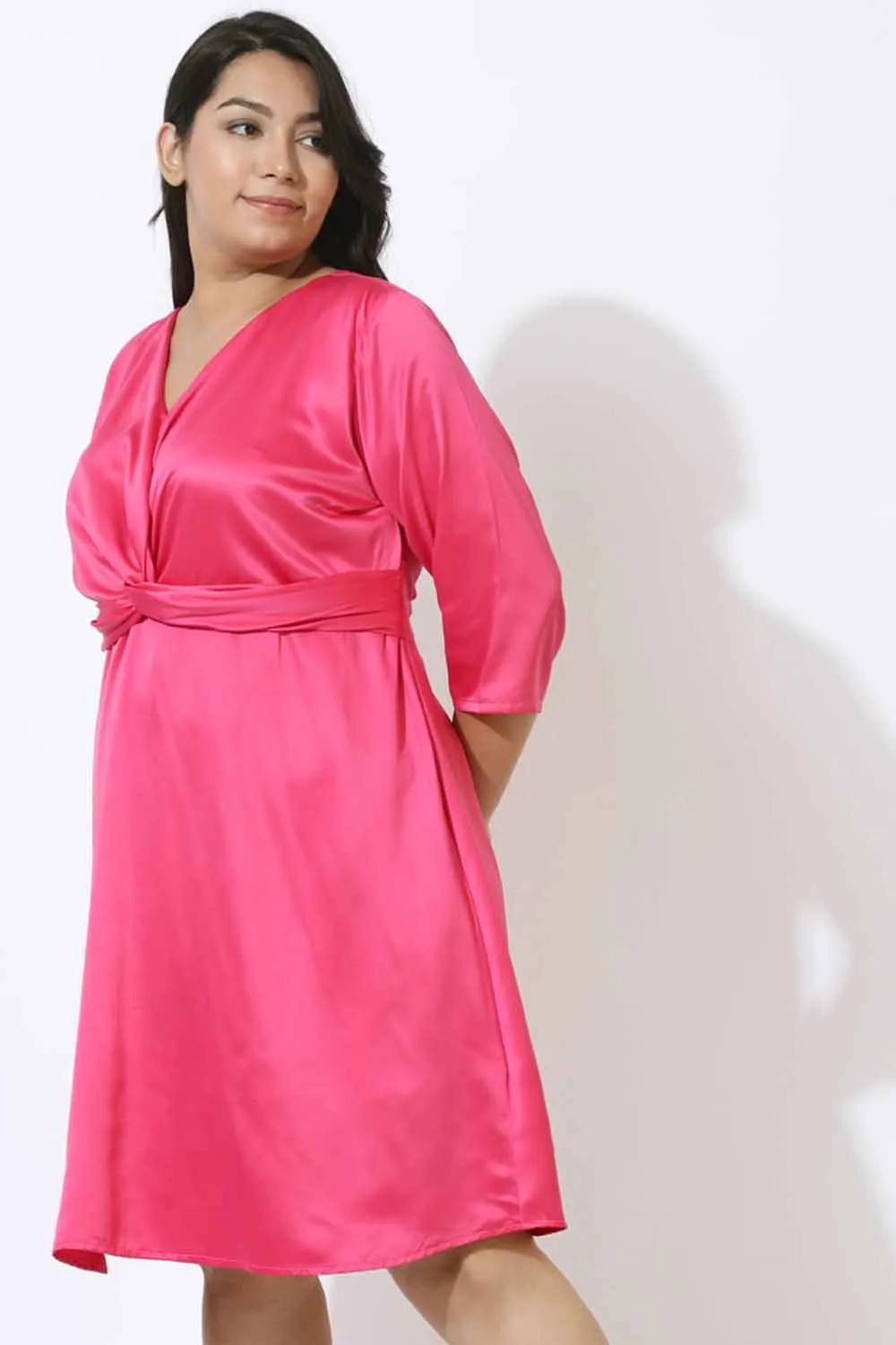 Plus Size Pink Satin Knot Dress