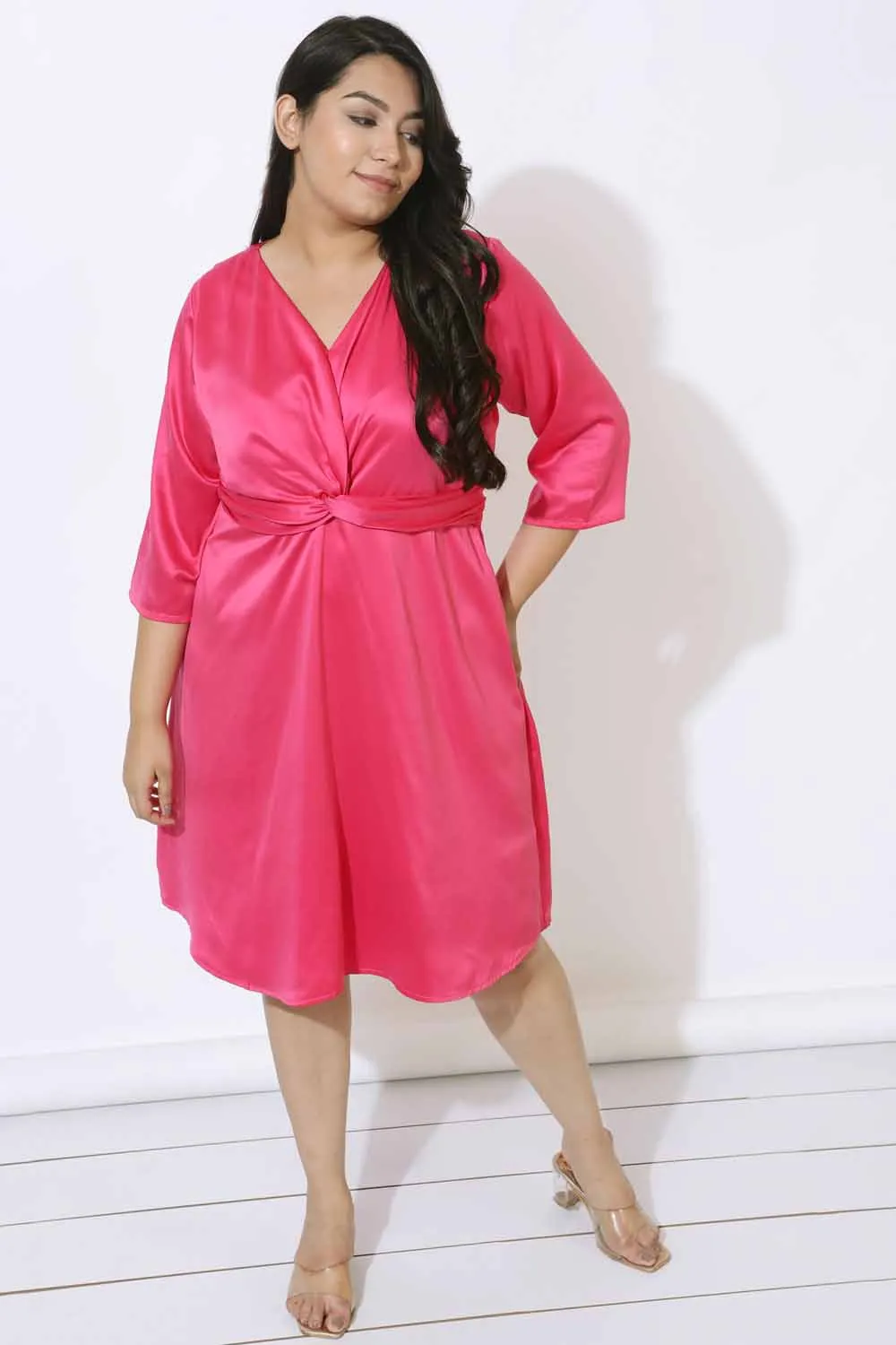 Plus Size Pink Satin Knot Dress