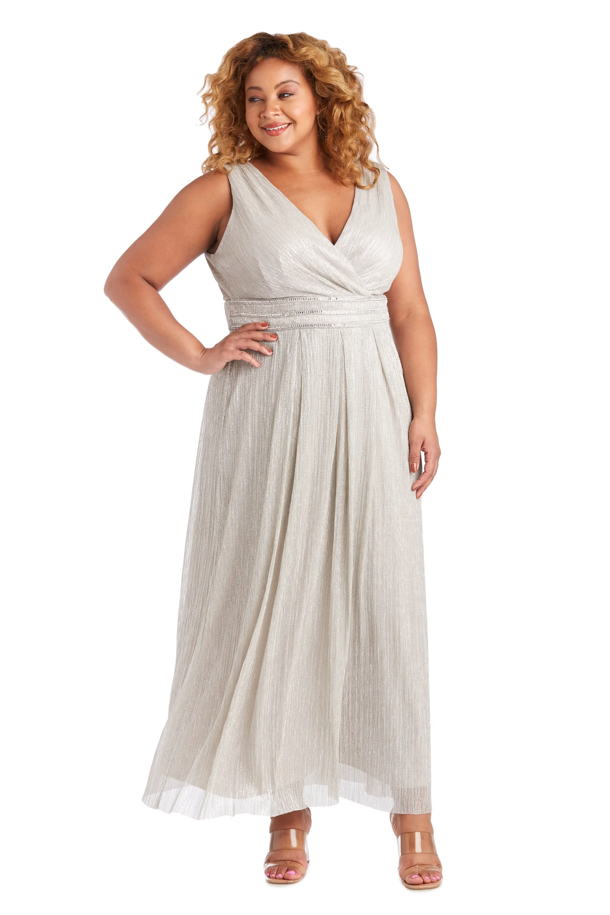 Plus size Sleeveless Crinkle Rhinestone Waist Gown- Evening Gown