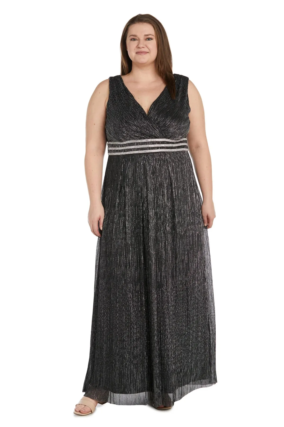 Plus size Sleeveless Crinkle Rhinestone Waist Gown- Evening Gown