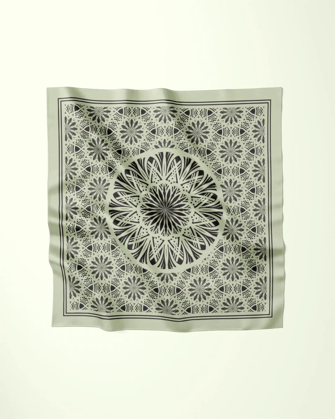 SERENITY Mandala Designer 100% Silk Scarf in Sage Green Black