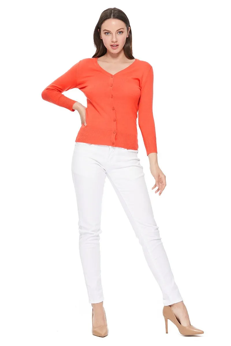 YEMAK Women's 3/4 Sleeve V-Neck Button Down Cardigan Sweater CO078 (S-L) Color Option (1 of 2)